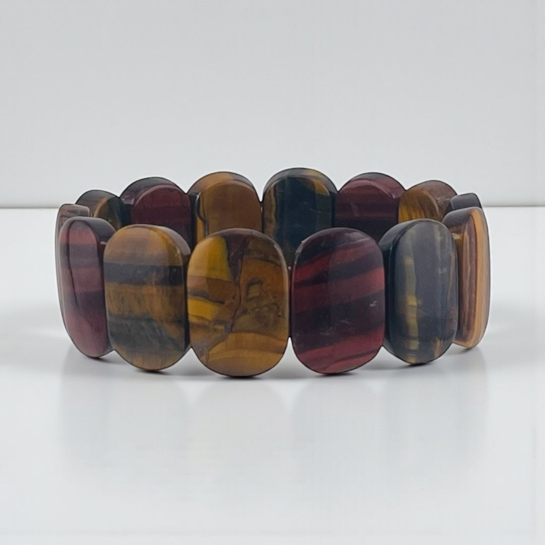 Blue Tiger Eye, Red Tiger Eye & Golden Tiger Eye Rectangular Bead Stretch Bracelet