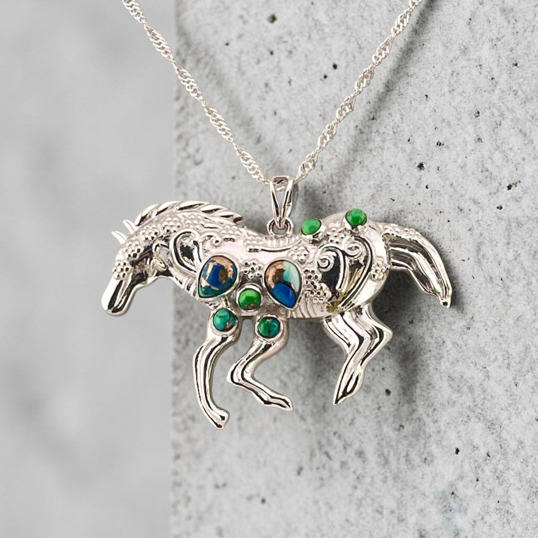 Peacock Turquoise Horse Pendant Sterling Silver 925 Necklace Western Style