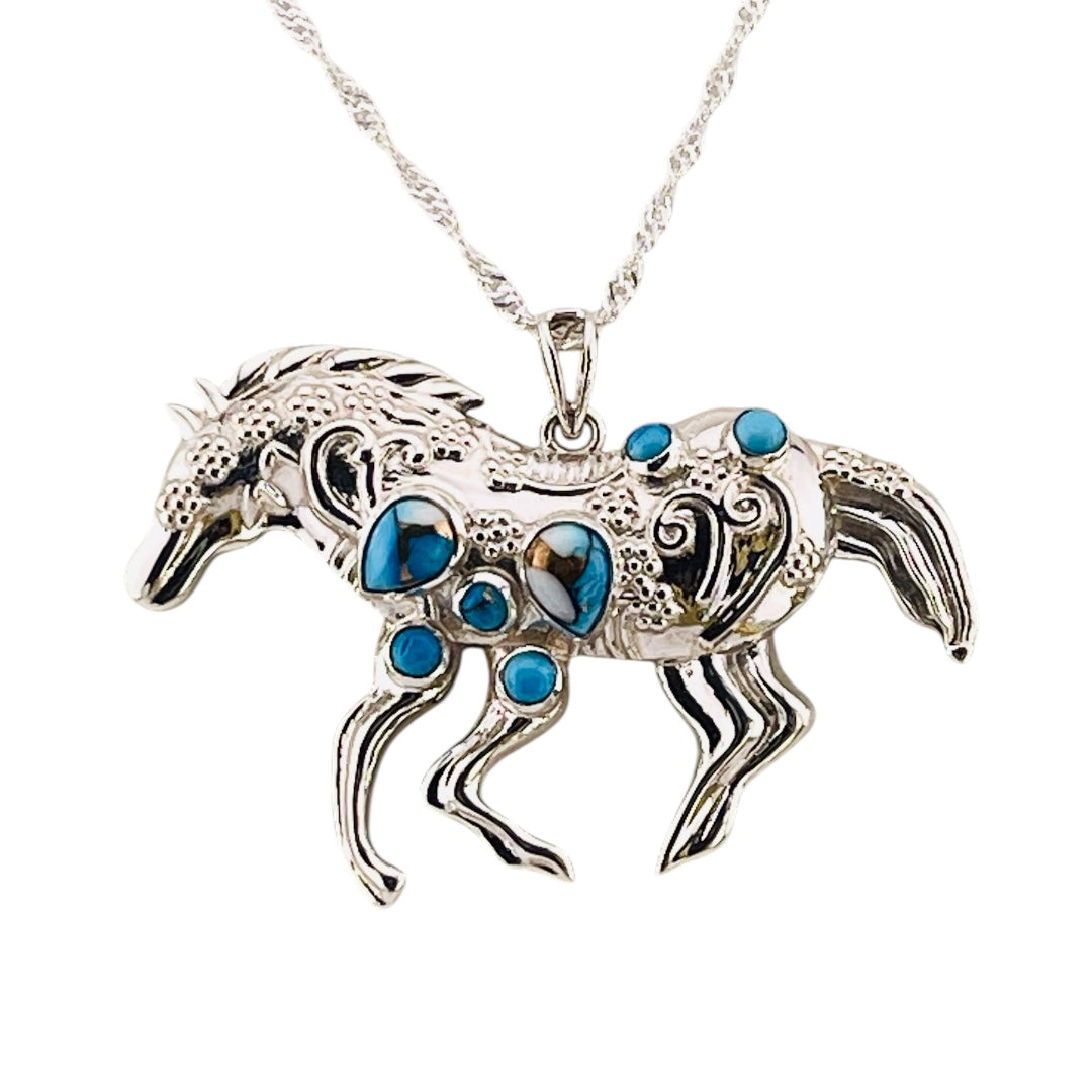Ice Blue Turquoise Horse Pendant Sterling Silver 925 Necklace Western Style