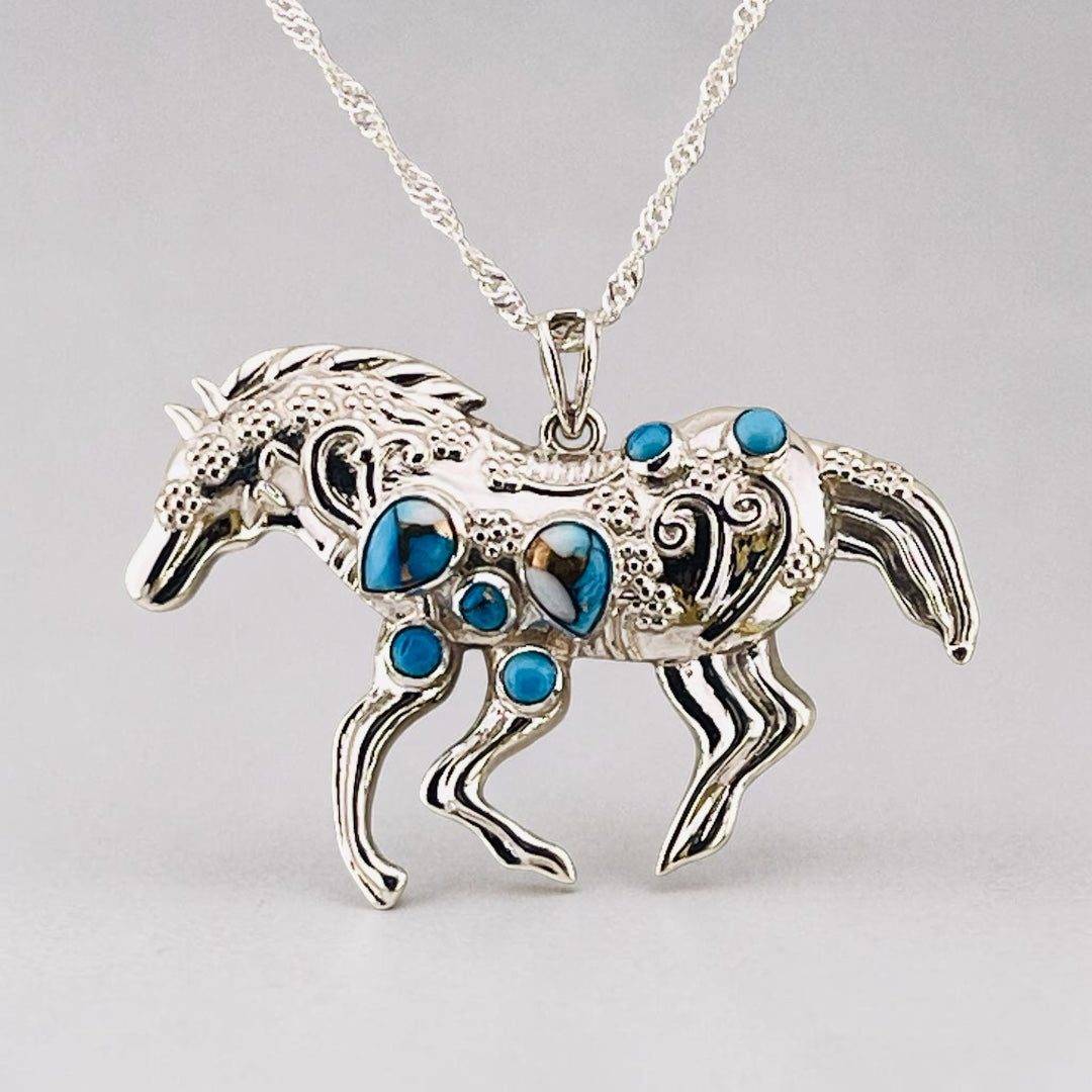 Ice Blue Turquoise Horse Pendant Sterling Silver 925 Necklace Western Style