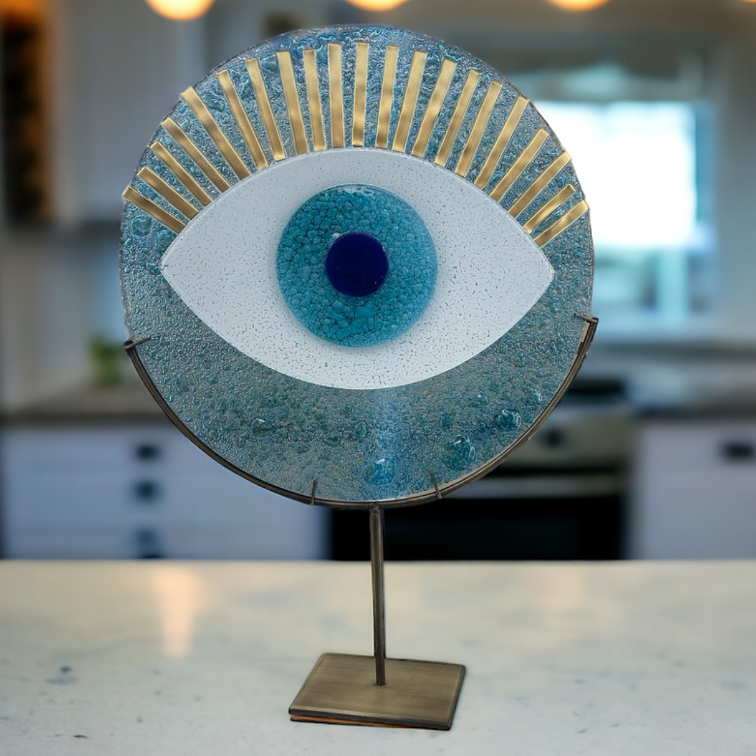 Evil Eye Round, Fused Glass, Evil Eye on a Stand, Home Decor, Good Luck Sign, Protection Gift