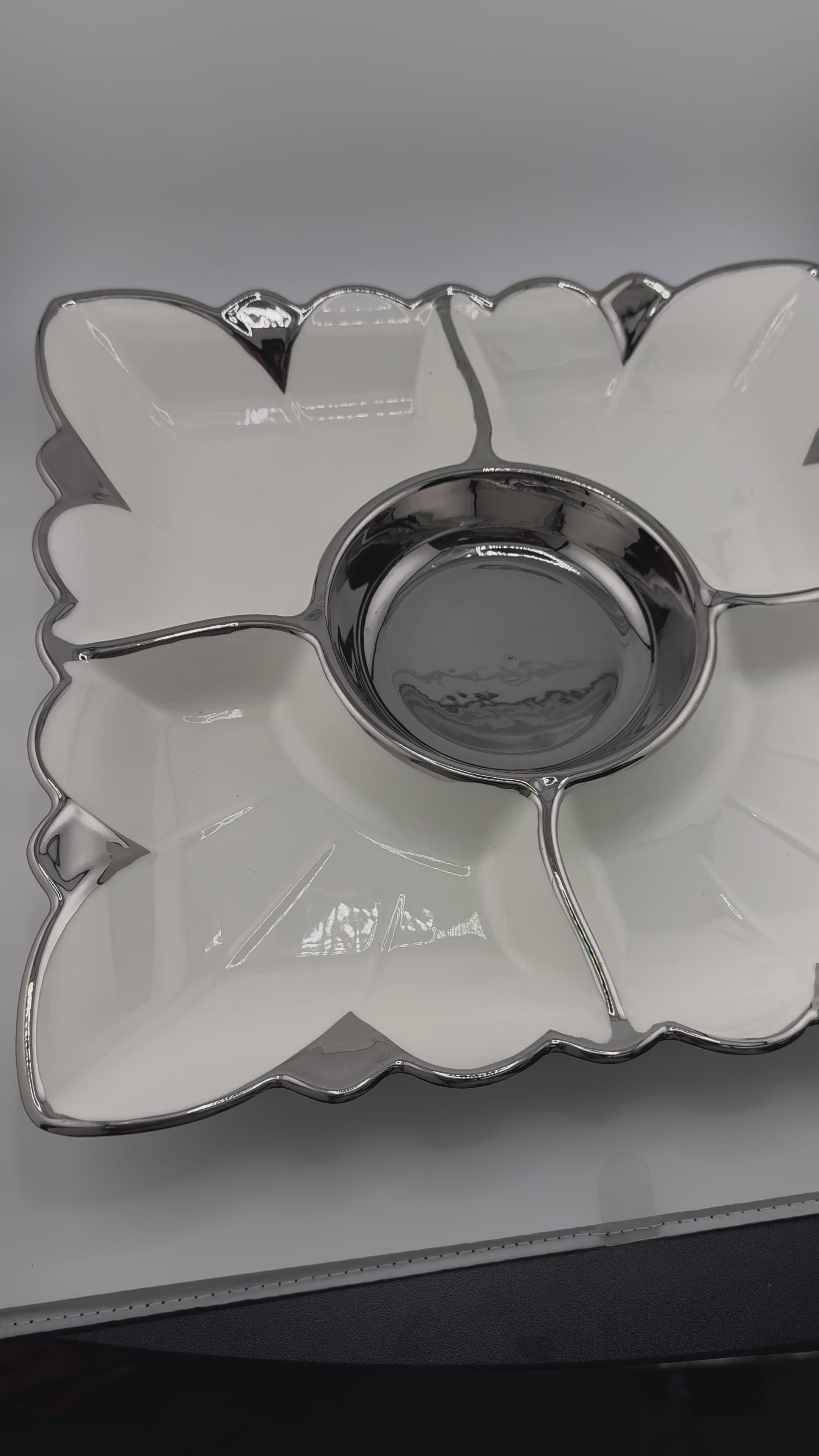 White Ceramic, Silver Trim, 5-Section, Square, Appetizer Plate, Party Platter