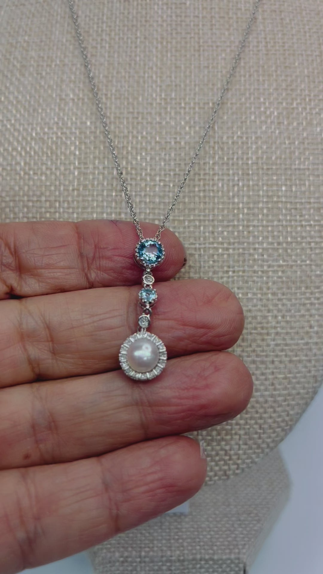 Soft Blue and Crystal Zircon Sterling Silver Pendant Necklace with Dangling Freshwater Pearl.