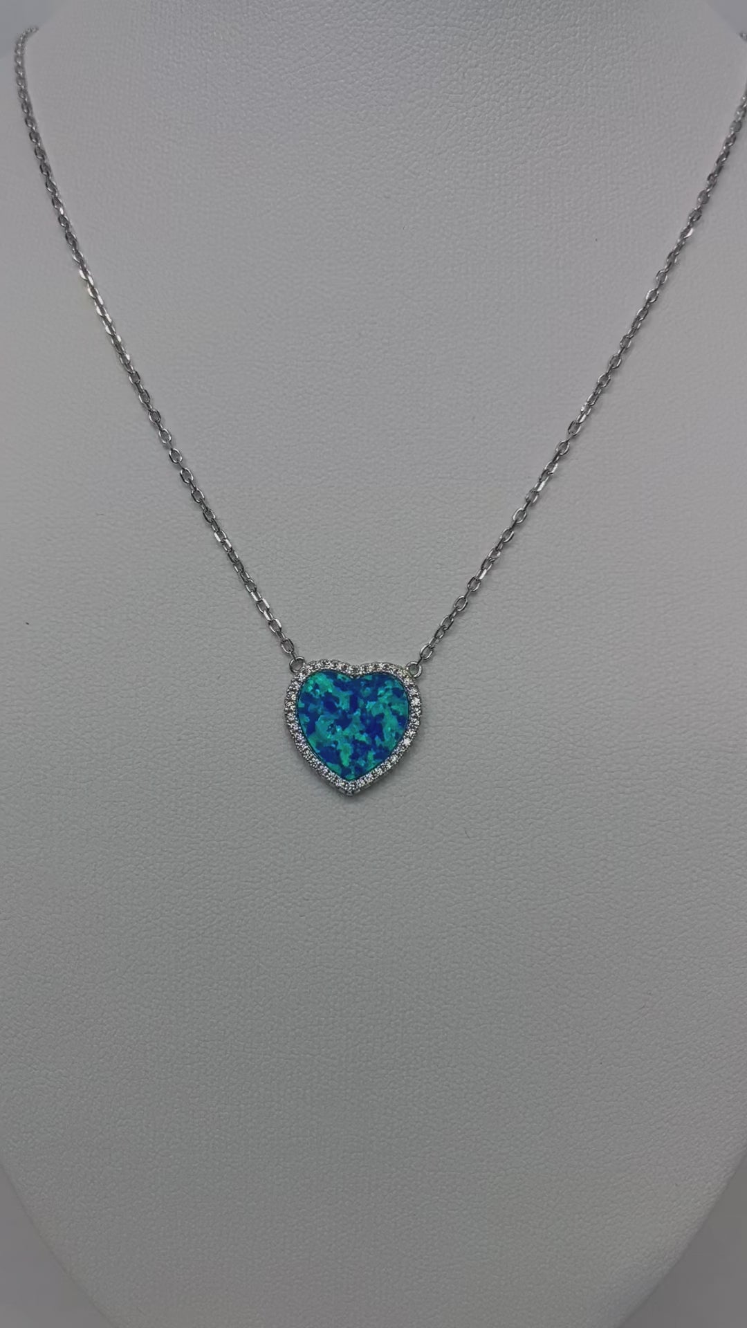 Stunning Blue Opal Heart Pendant Necklace with Zircon Border, Elegant Sterling Silver Jewelry Gift