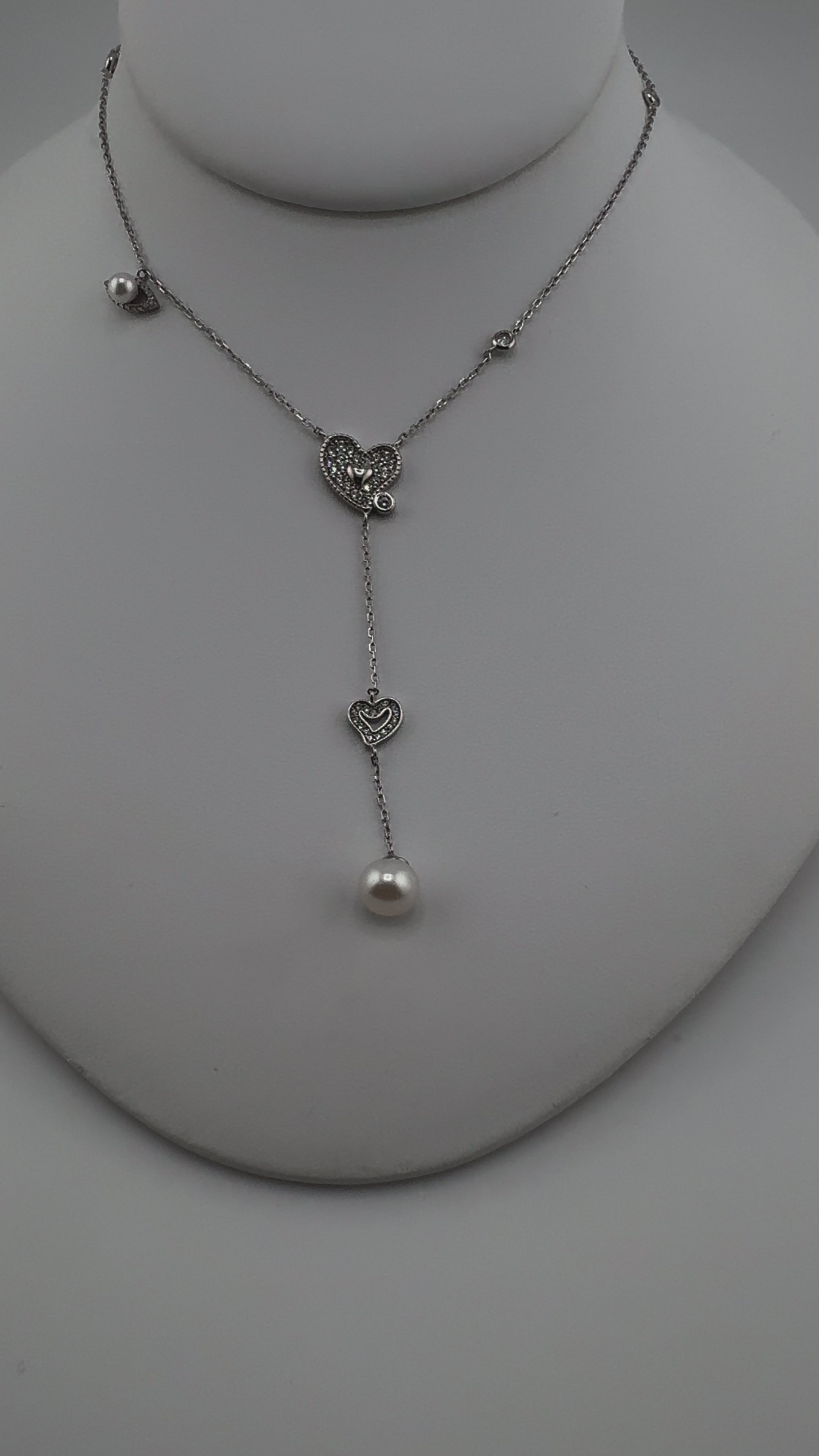 Sterling Silver, Pendant, Necklace, Zircon, Freshwater Pearl, Hearts, Evil eye