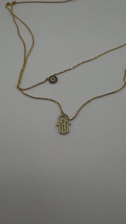 Gold-Plated, Sterling Silver, Necklace, Zircon, Hamsa, Evil Eye, Double Layer, Lobster Clasp