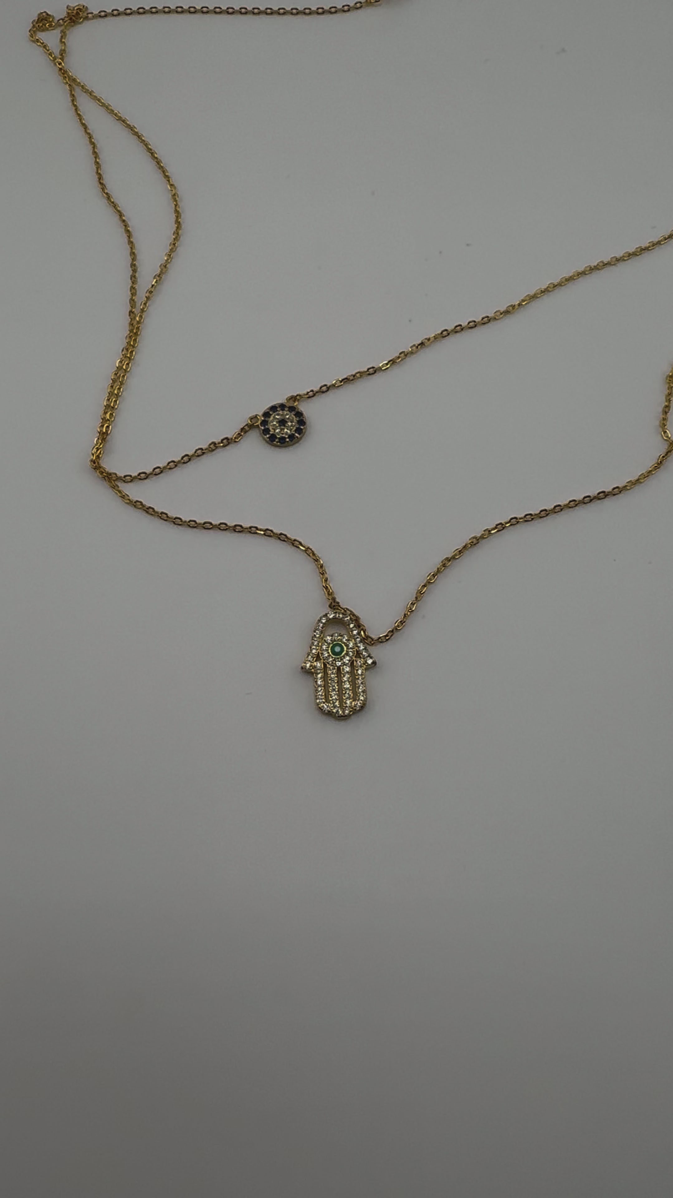 Gold-Plated, Sterling Silver, Necklace, Zircon, Hamsa, Evil Eye, Double Layer, Lobster Clasp