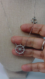 Cubic Zirconia Sterling Silver Wheel and Anchor Hang Tag Pendant Charm Necklace