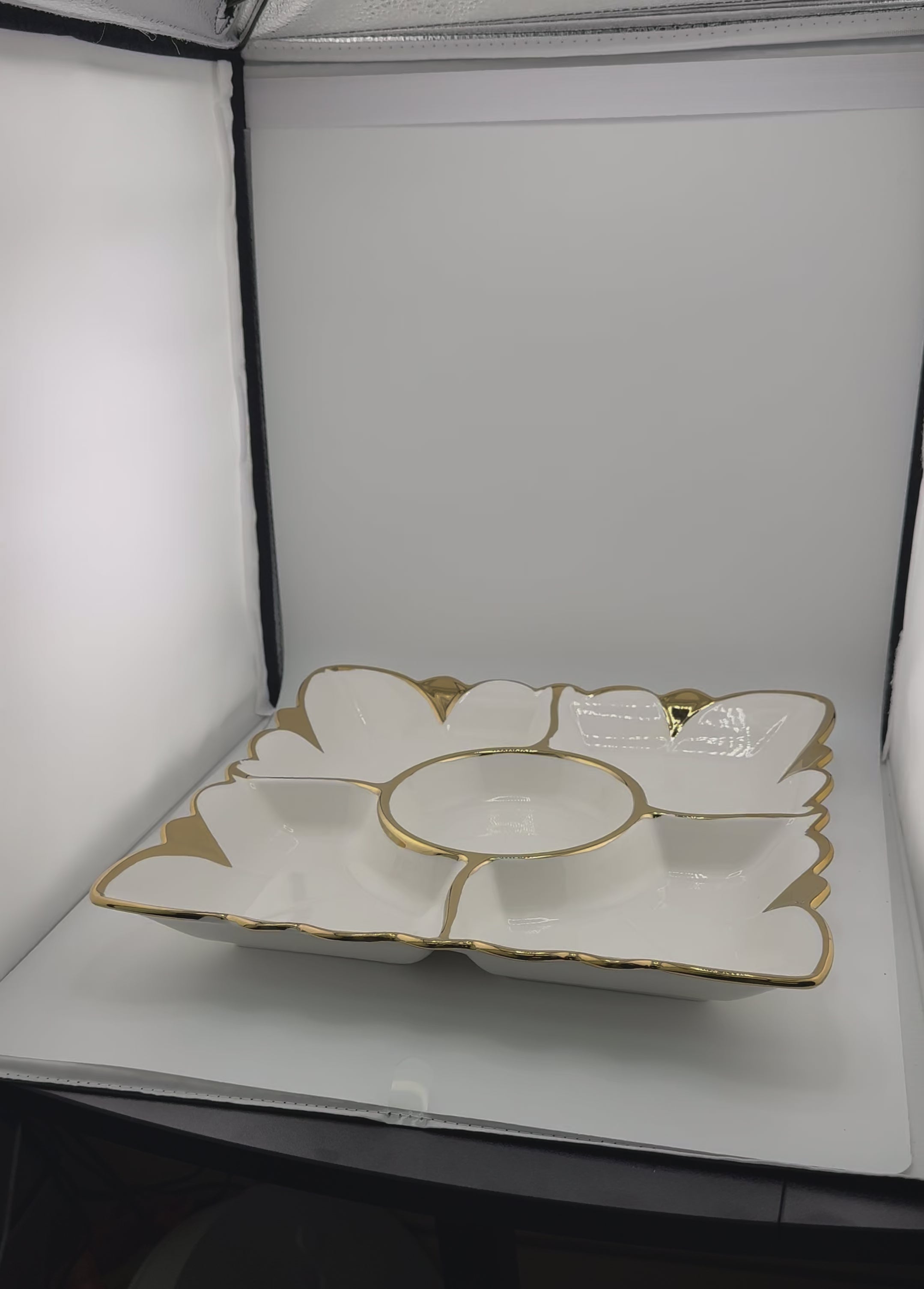 White Ceramic, Gold Trim, 5-Section, Square, Appetizer Plate, Party Platter