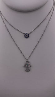 Sterling Silver, Necklace, Zircon, Hamsa, Evil Eye, Double Layer, Lobster Clasp