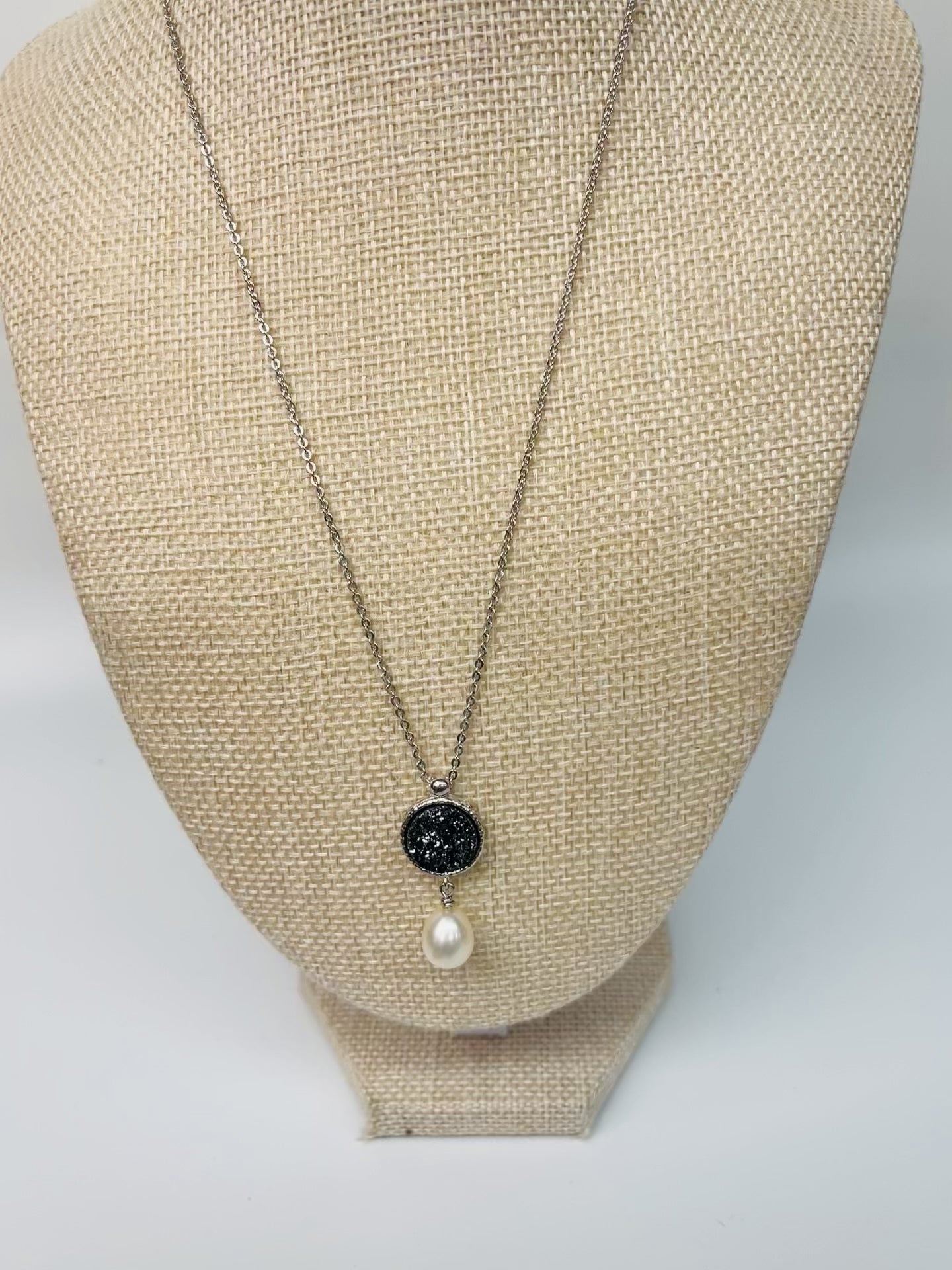 Quartz & Freshwater Pearl Sterling Silver Pendant – Handmade Jewelry, Unique Necklace, Gift for Her, Boho, Elegant, Midnight Druzy