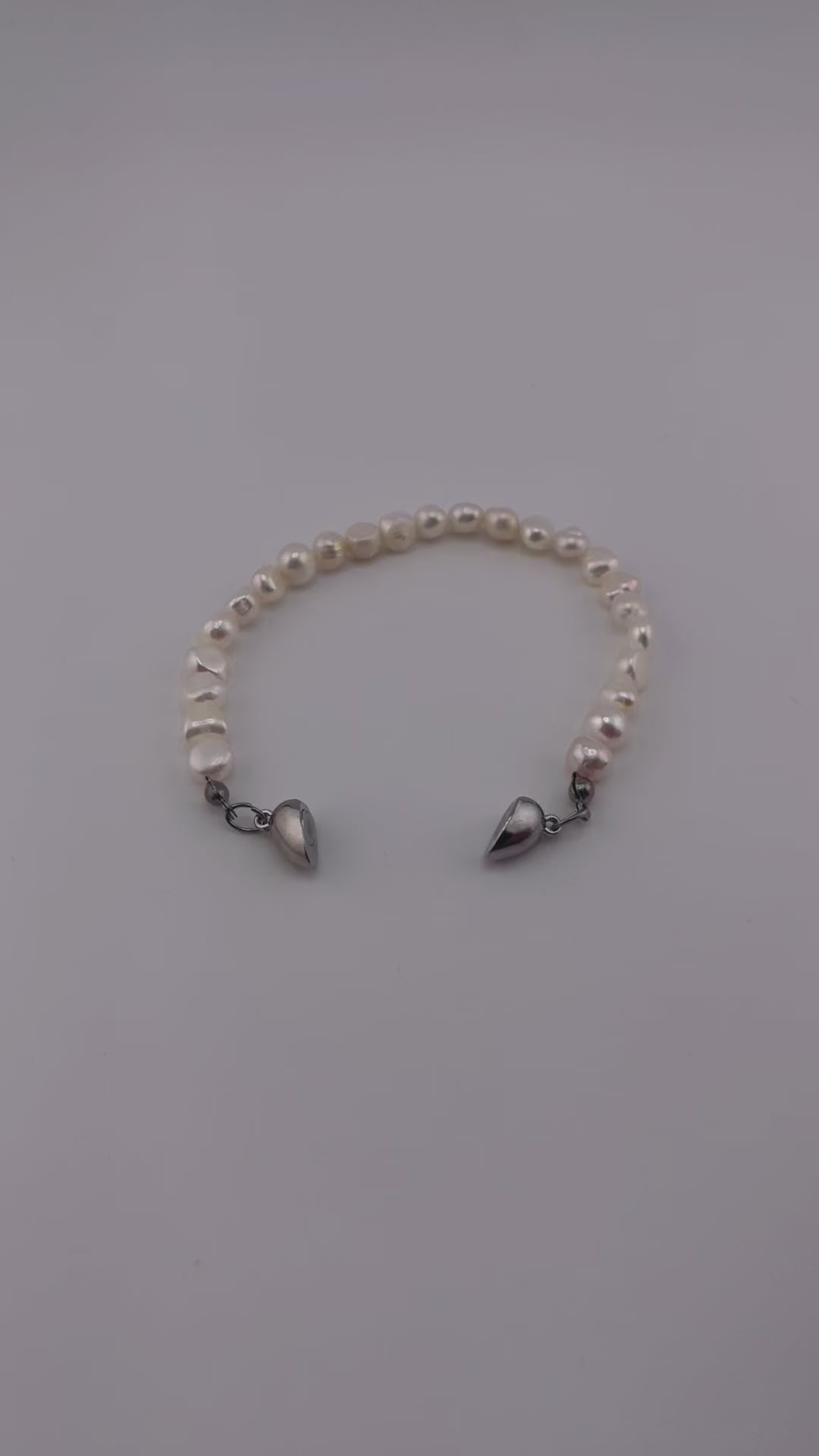 White Faux Pearl Bracelet with Heart-Shaped Magnetic Clasp - Silver Finish