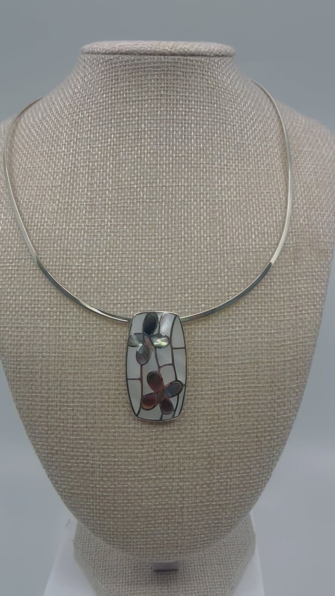 Sterling Silver, Choker Necklace, Floral Pendant, Mother of Pearl, Baloney, Gift for Her