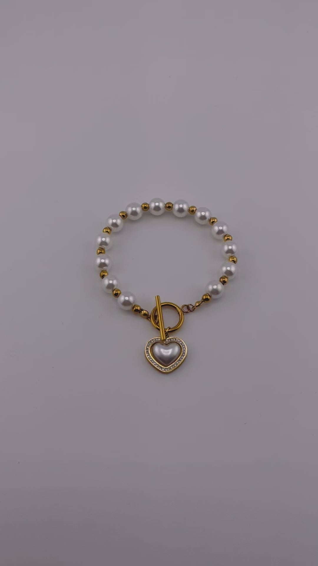 Heart Charm Freshwater Pearl Bracelet with Zirconia Stone - Gold Finish, Toggle Clasp