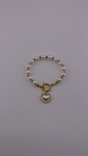 Heart Charm Freshwater Pearl Bracelet with Zirconia Stone - Gold Finish, Toggle Clasp