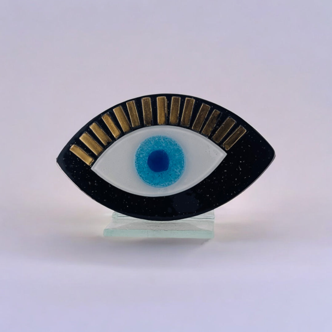 Evil Eye, Tabletop Fused Glass, Black Evil Eye With Gold Lashes, Protection Gift for All