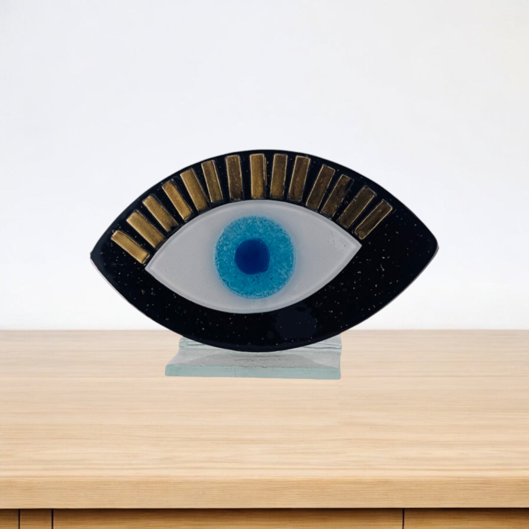 Evil Eye, Tabletop Fused Glass, Black Evil Eye With Gold Lashes, Protection Gift for All