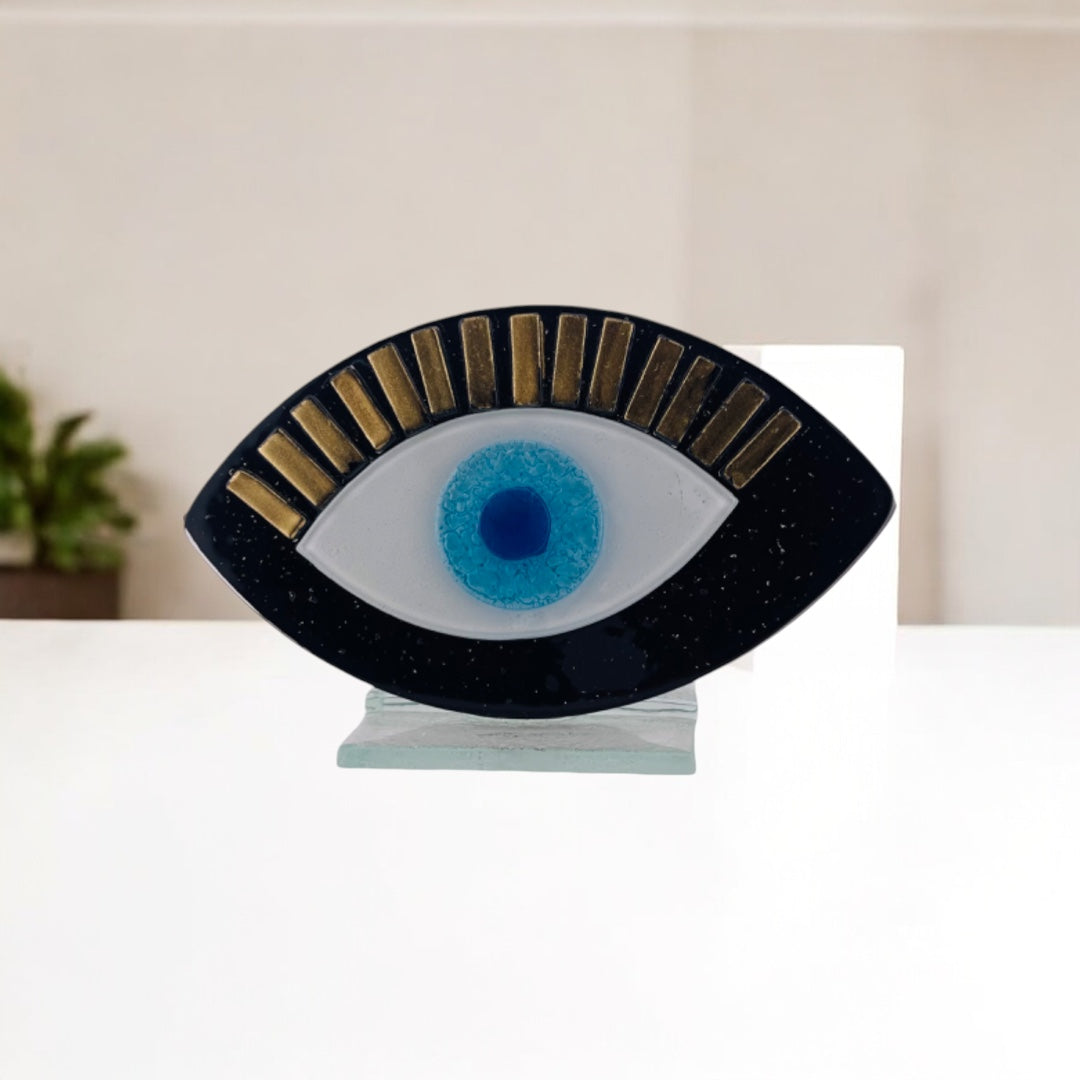 Evil Eye, Tabletop Fused Glass, Black Evil Eye With Gold Lashes, Protection Gift for All