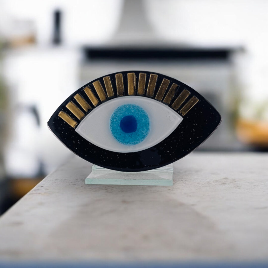 Evil Eye, Tabletop Fused Glass, Black Evil Eye With Gold Lashes, Protection Gift for All