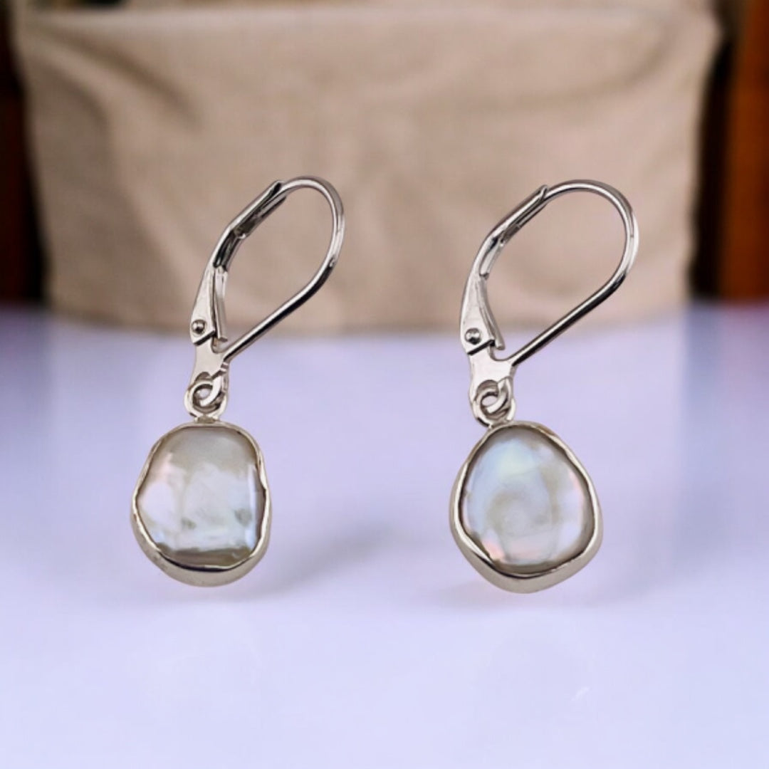 Freshwater Pearl  Earrings, Sterling Silver Dangling Earrings, Organic Rock Cut Pearl Design, Unique Jewelry Gift