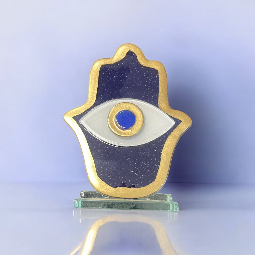 Hamsa, Evil Eye, Fused Glass, Gold Trim White Hamsa, Handcrafted, Table Accent Gift