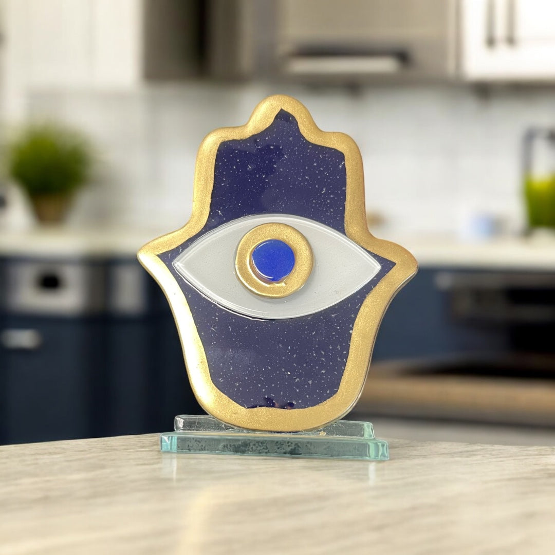 Hamsa, Evil Eye, Fused Glass, Gold Trim White Hamsa, Handcrafted, Table Accent Gift