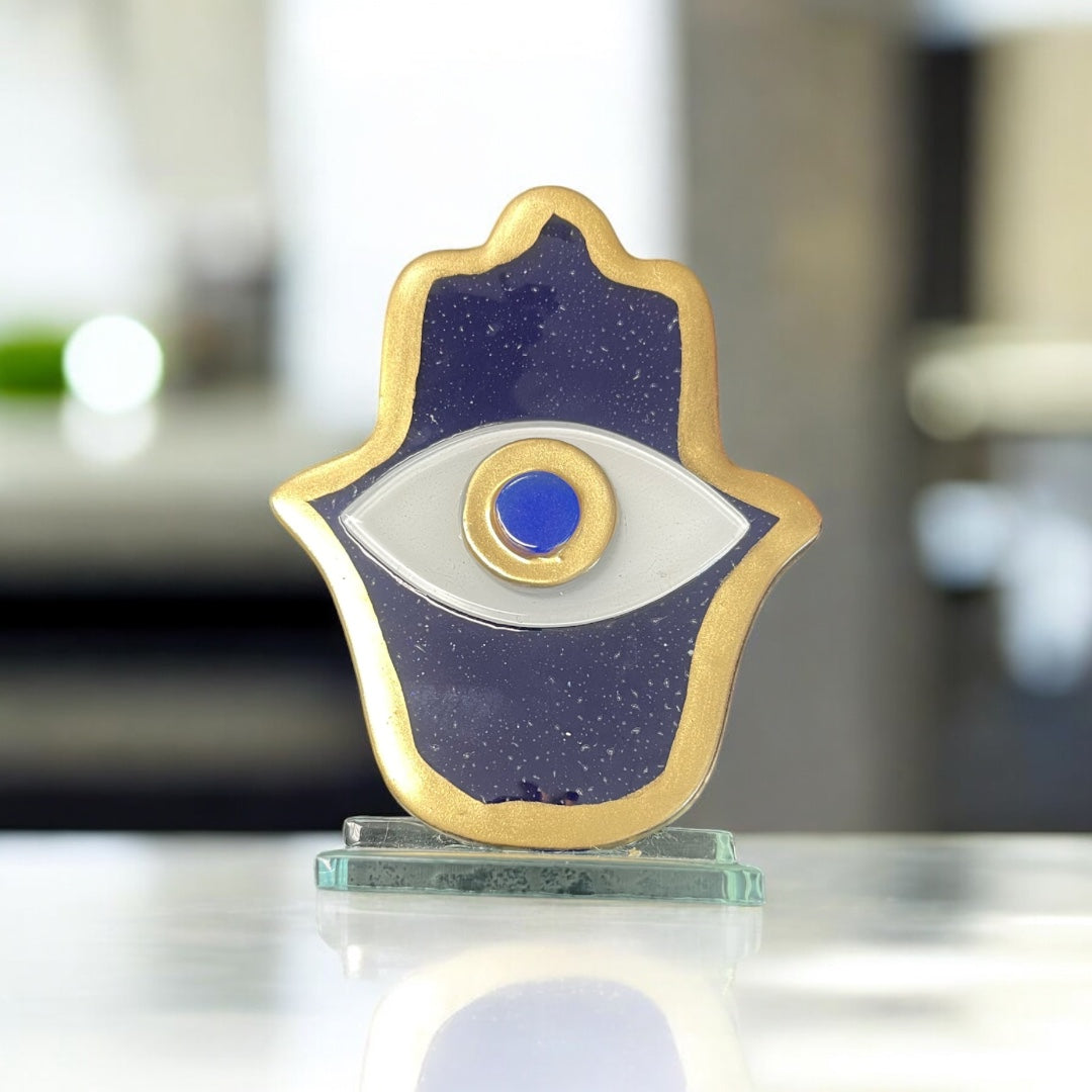 Hamsa, Evil Eye, Fused Glass, Gold Trim White Hamsa, Handcrafted, Table Accent Gift