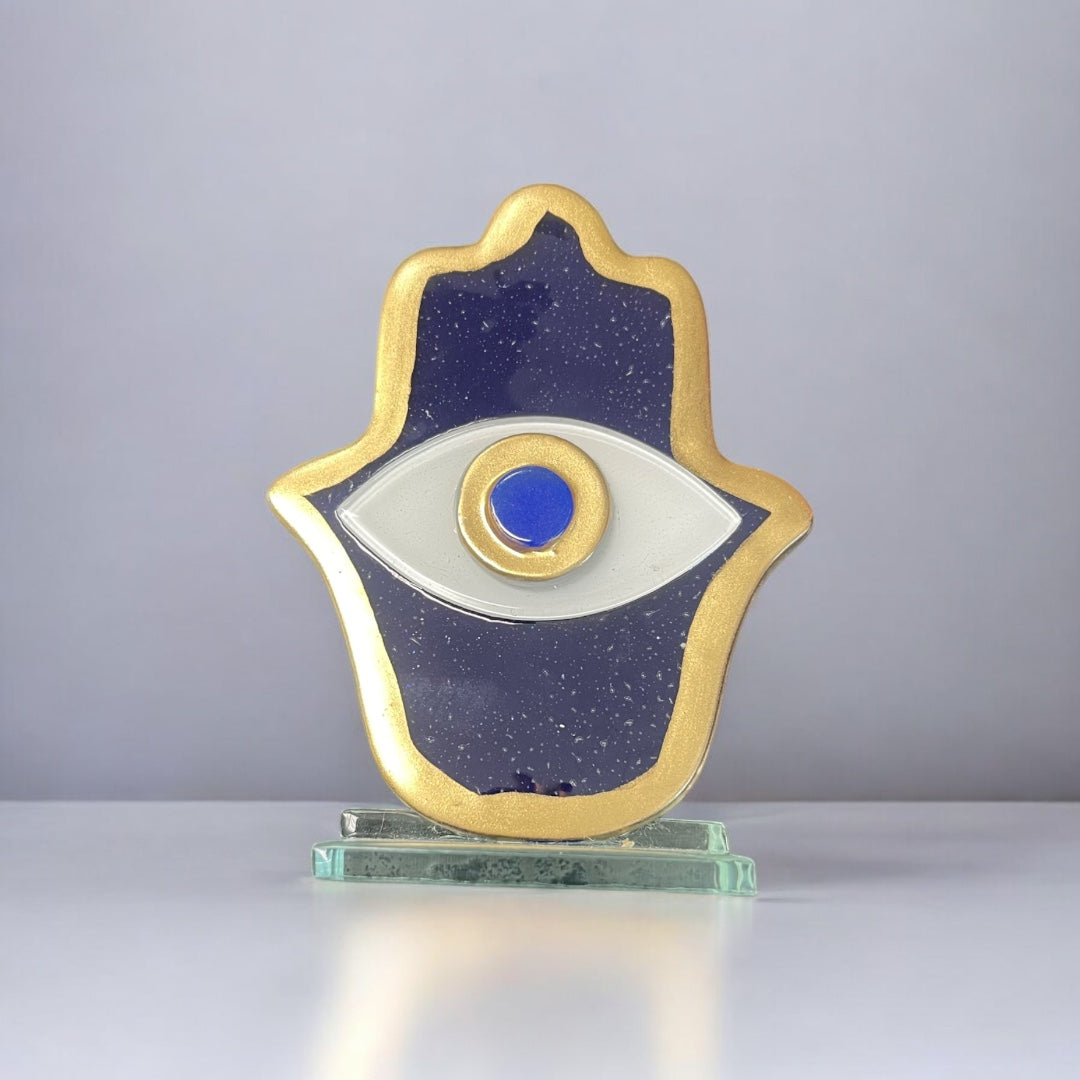 Hamsa, Evil Eye, Fused Glass, Gold Trim White Hamsa, Handcrafted, Table Accent Gift