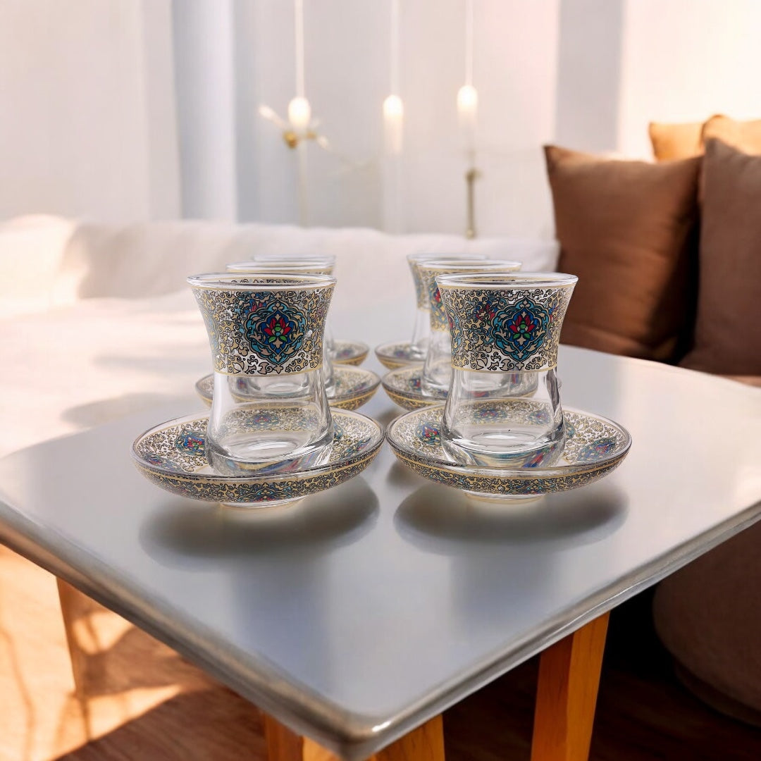 Interactive Turkish Design Tea and Coffee Glass Set – Elegant Cups and Saucers