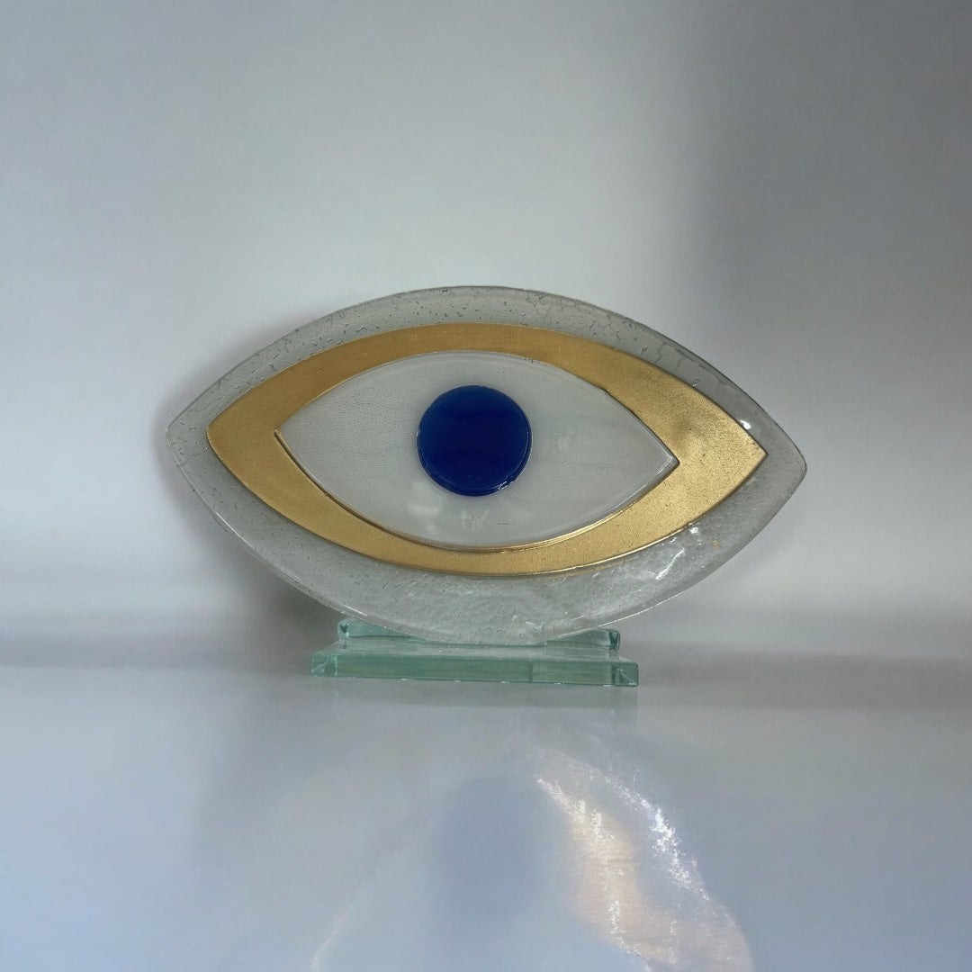 Evil Eye, Tabletop Fused Glass, White and Gold, Evil Eye Home Decor