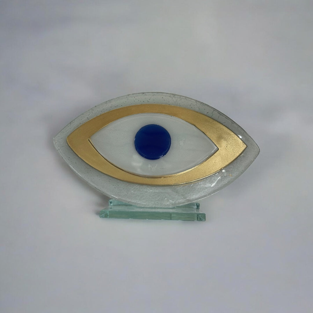 Evil Eye, Tabletop Fused Glass, White and Gold, Evil Eye Home Decor