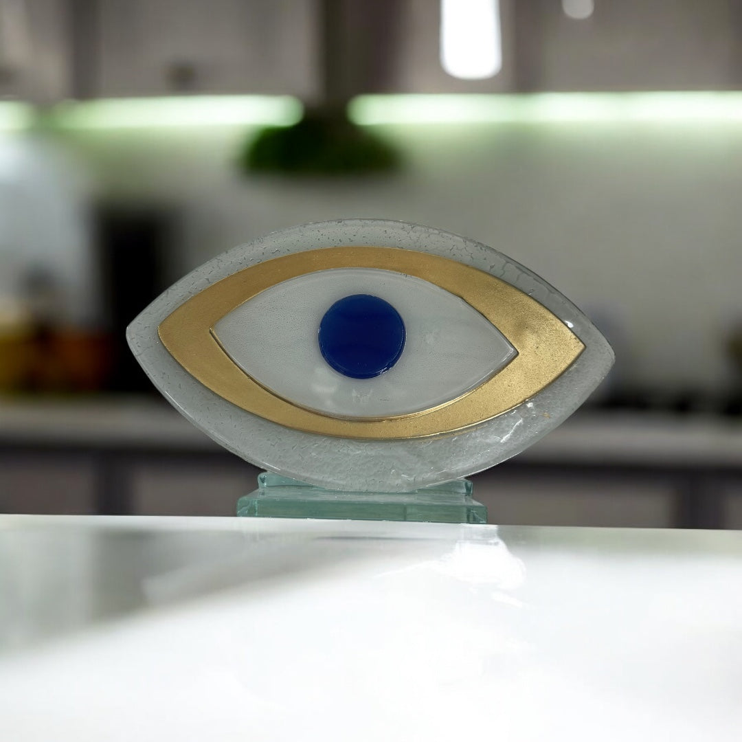 Evil Eye, Tabletop Fused Glass, White and Gold, Evil Eye Home Decor