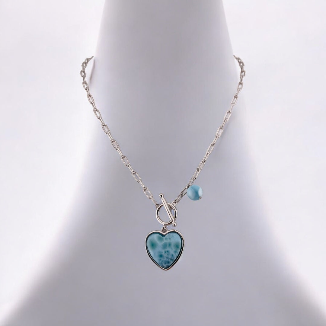 Sterling Silver Larimar Heart Pendant Necklace with Round Larimar Accent and Paper Clip Chain