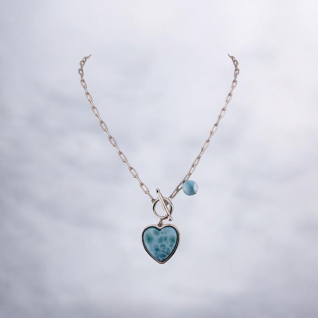 Sterling Silver Larimar Heart Pendant Necklace with Round Larimar Accent and Paper Clip Chain