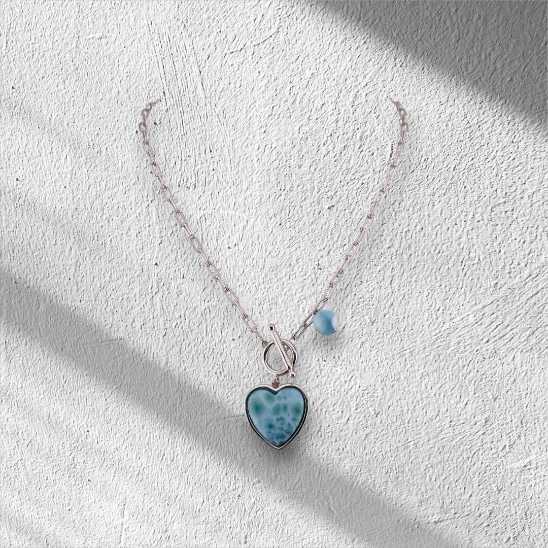 Sterling Silver Larimar Heart Pendant Necklace with Round Larimar Accent and Paper Clip Chain