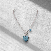 Sterling Silver Larimar Heart Pendant Necklace with Round Larimar Accent and Paper Clip Chain