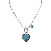 Sterling Silver Larimar Heart Pendant Necklace with Round Larimar Accent and Paper Clip Chain