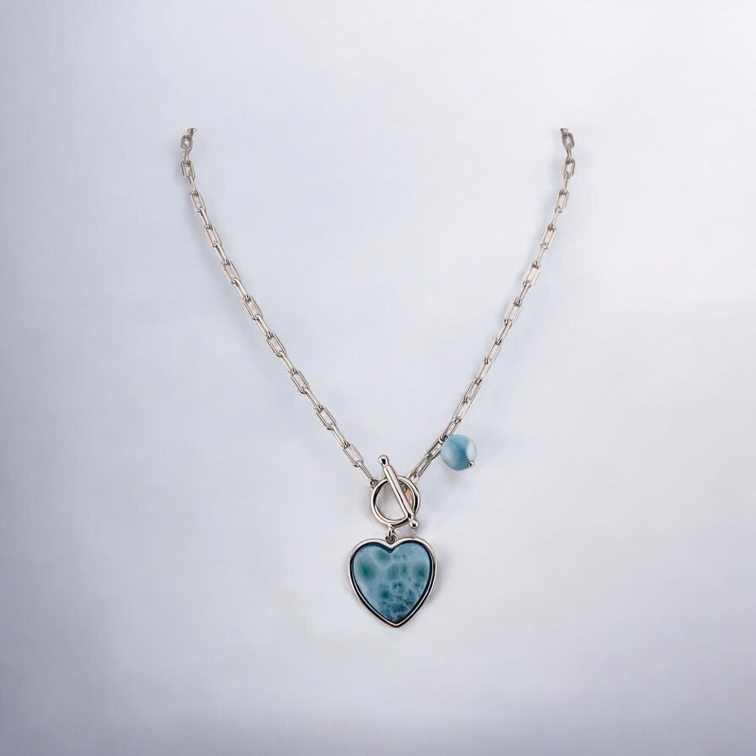 Sterling Silver Larimar Heart Pendant Necklace with Round Larimar Accent and Paper Clip Chain