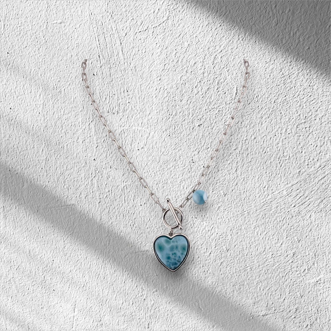 Sterling Silver Larimar Heart Pendant Necklace with Round Larimar Accent and Paper Clip Chain