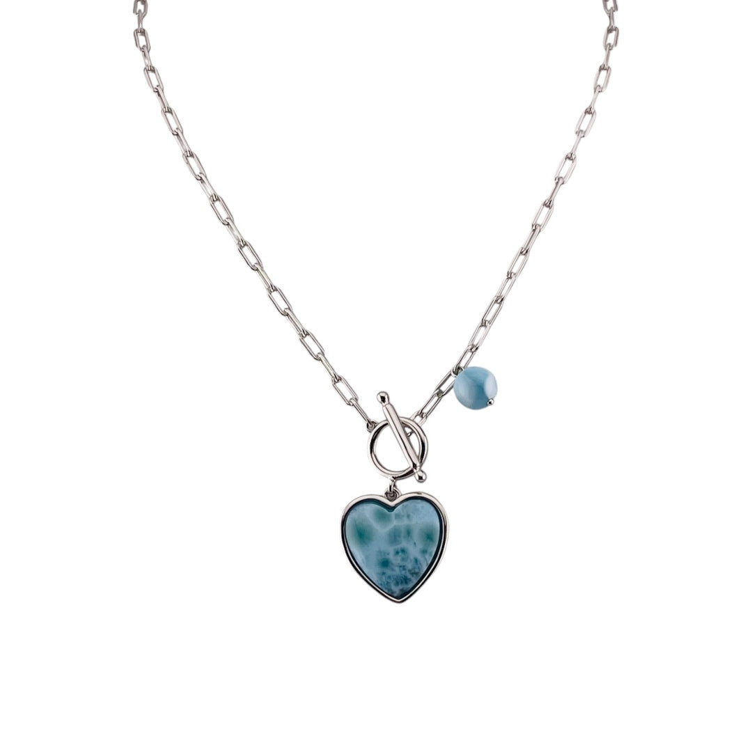 Sterling Silver Larimar Heart Pendant Necklace with Round Larimar Accent and Paper Clip Chain