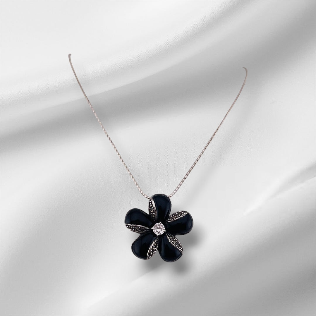 Flower Pendant, Flower Pin, Sterling Silver, Black Onyx,  Zirconia Stone, Sterling Silver Pendant and Necklace