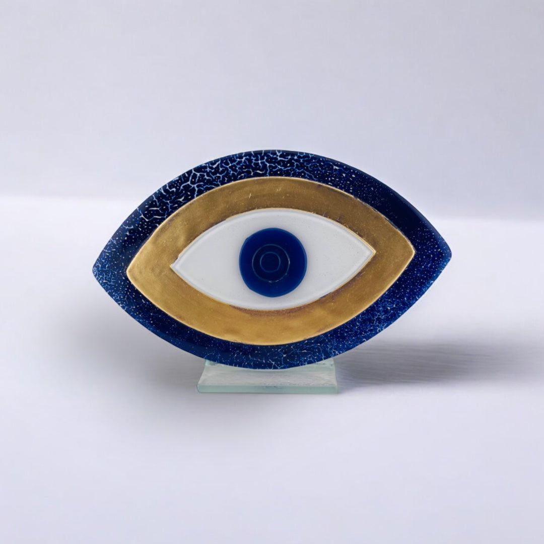 Evil Eye, Blue and Gold, Tabletop Decor, Fused Glass, Evil Eye Gift Decor