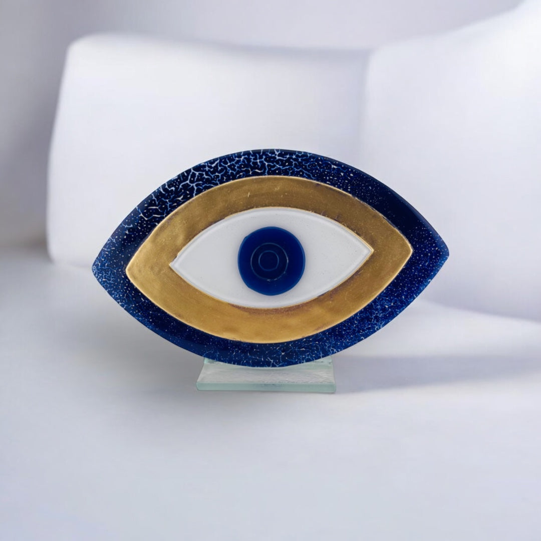 Evil Eye, Blue and Gold, Tabletop Decor, Fused Glass, Evil Eye Gift Decor