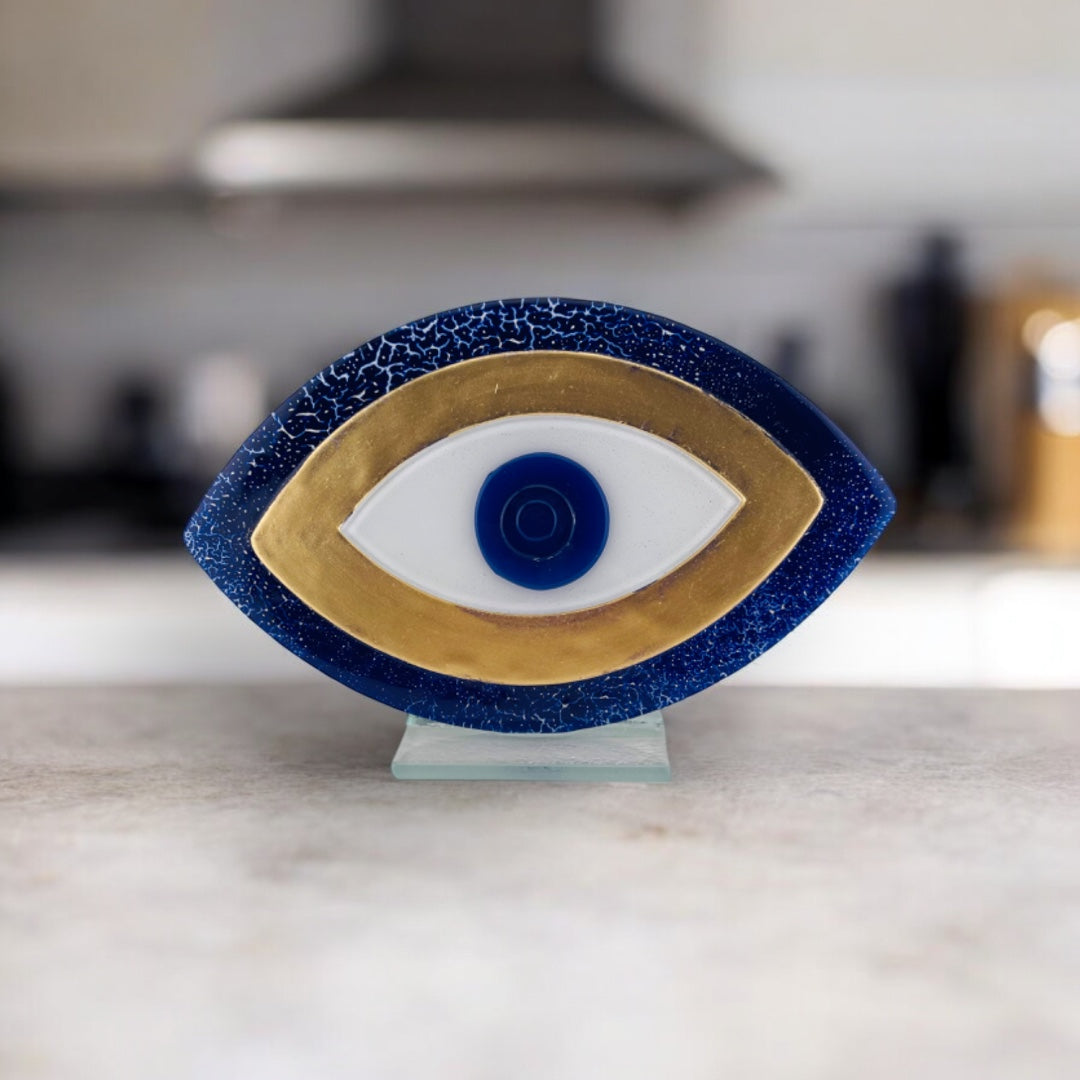 Evil Eye, Blue and Gold, Tabletop Decor, Fused Glass, Evil Eye Gift Decor