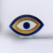 Evil Eye, Blue and Gold, Tabletop Decor, Fused Glass, Evil Eye Gift Decor