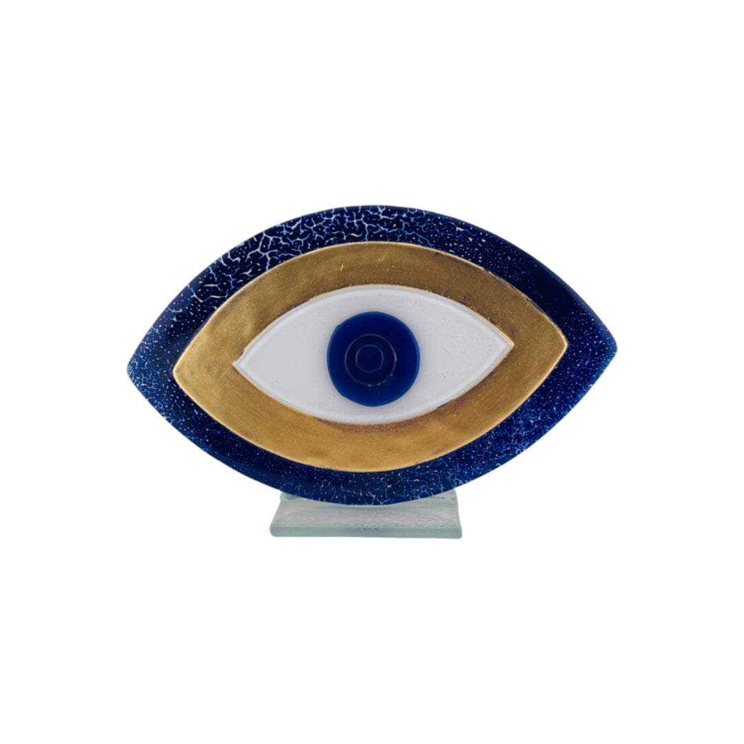 Evil Eye, Blue and Gold, Tabletop Decor, Fused Glass, Evil Eye Gift Decor