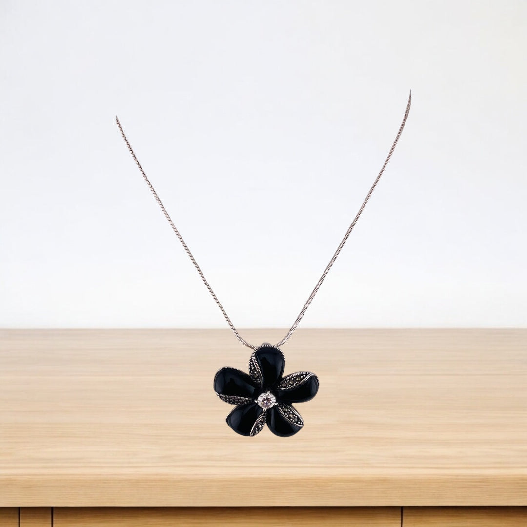 Flower Pendant, Flower Pin, Sterling Silver, Black Onyx,  Zirconia Stone, Sterling Silver Pendant and Necklace