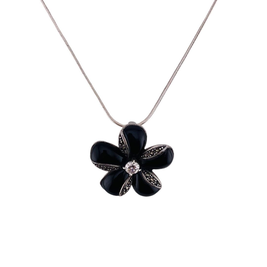 Flower Pendant, Flower Pin, Sterling Silver, Black Onyx,  Zirconia Stone, Sterling Silver Pendant and Necklace