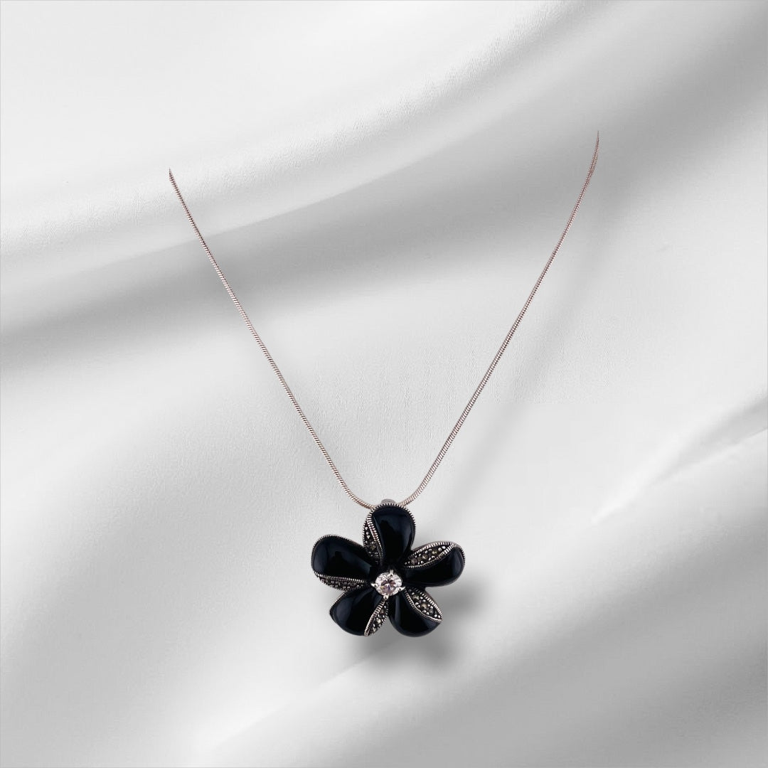 Flower Pendant, Flower Pin, Sterling Silver, Black Onyx,  Zirconia Stone, Sterling Silver Pendant and Necklace