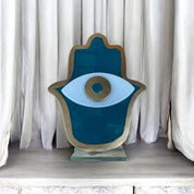 Hamsa, Evil Eye, Turquoise Hamsa with Gold Trim, Handcrafted Fused Glass, Evil Eye Table Accent